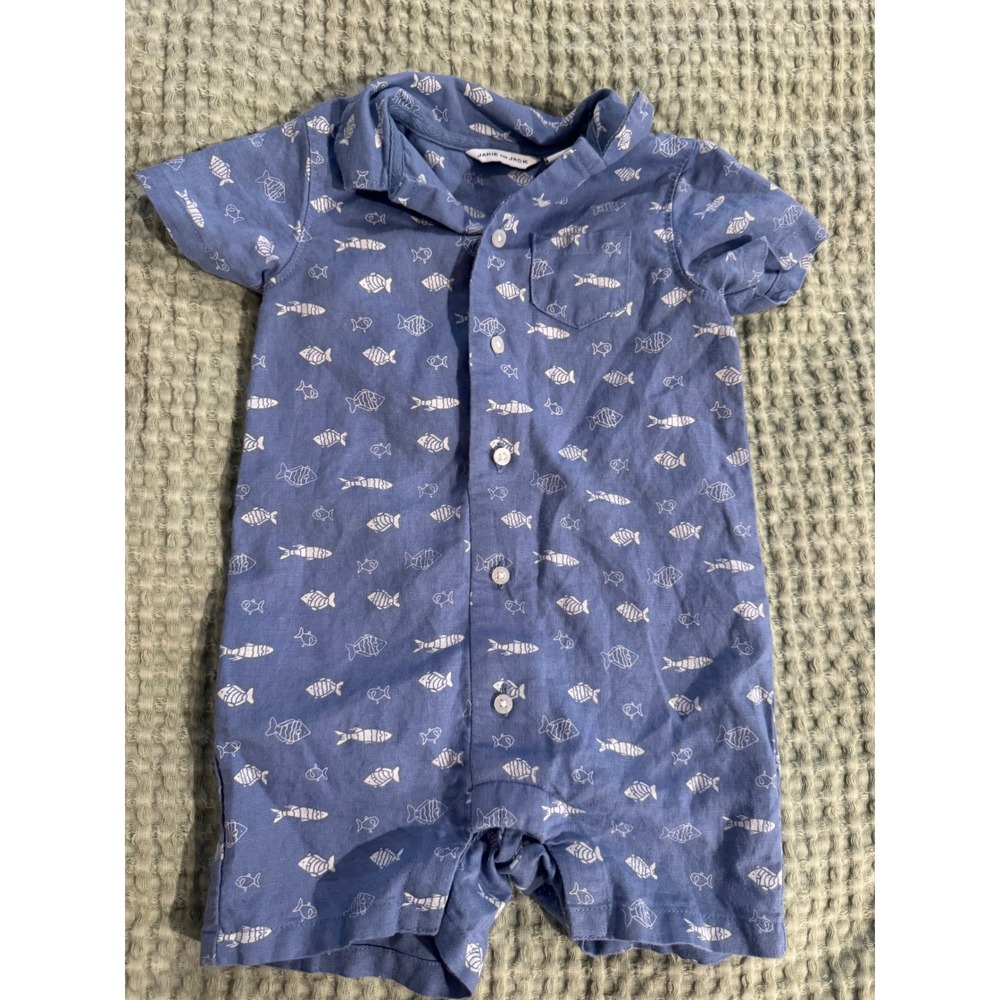 Janie and Jack Blue Fish Print Linen Cotton Blend Romper 6-12M Short Sleeve